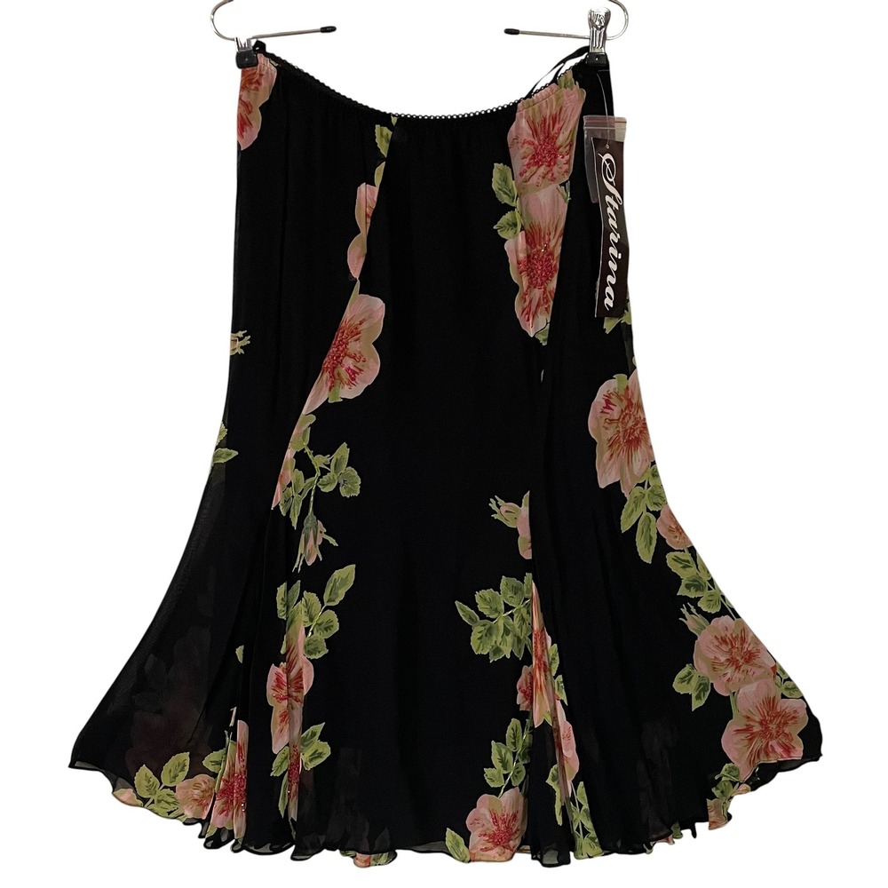 Vtg Black Pink Floral Beaded Layered Midi Skirt Pull On Whimsigoth Romantic M